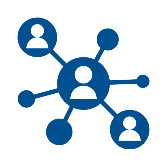 Network diagram with five connected person icons, central node highlighted