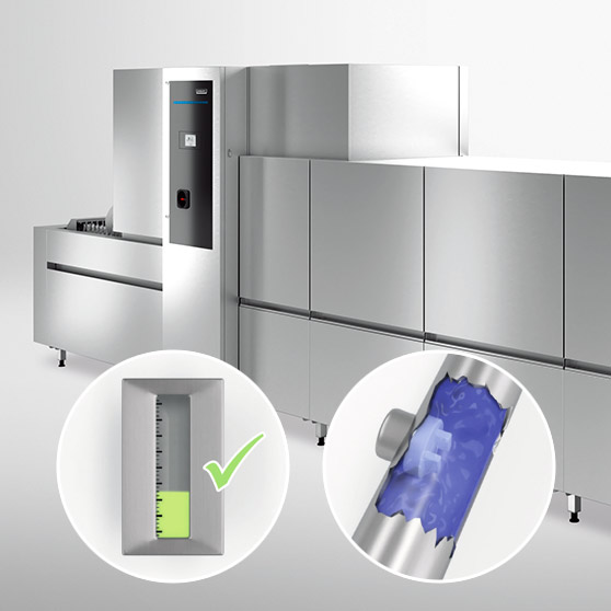 HOBART LCI detergent-saving system with dishwasher, level indicator, and fluid circuit in detail