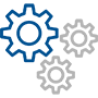 Three interlocking gears in blue and gray