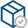 Icon of a blue package with a grey checkmark, representing confirmed delivery or approval
