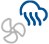 Icon image showing a grey fan and a blue cloud with wavy lines – representing air circulation and humidity control.