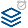 Icon with three stacked blue layers and a grey clock with a checkmark – representing organization, scheduling, or structured processes.