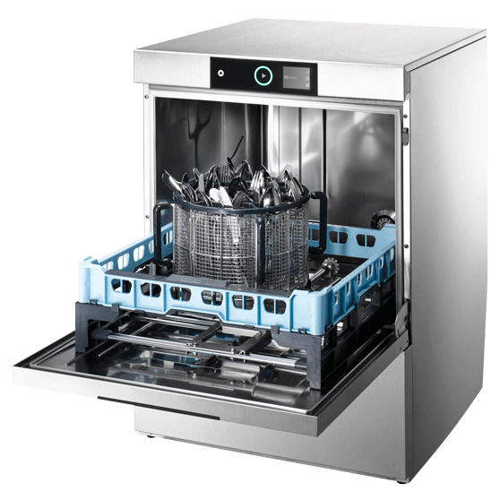  Open HOBART PREMAX FP dishwasher with blue rack and cutlery holder, ready for cleaning
