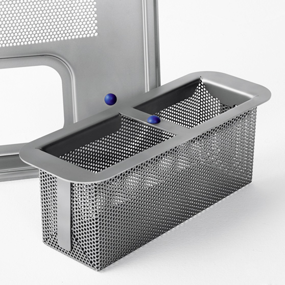 Close-up of a stainless steel filter basket with two compartments and blue knobs from a HOBART dishwasher, durable design for hygienic cleaning and easy maintenance in commercial kitchens