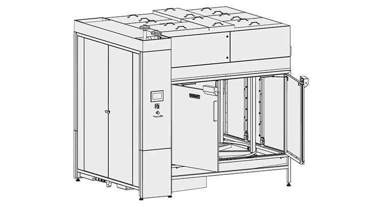 Technical illustration of the HOBART pallet cleaning system for efficient machine cleaning of pallets, featuring ergonomic loading via forklift or stacker, automatic washing and drying, high capacity, and low water consumption.