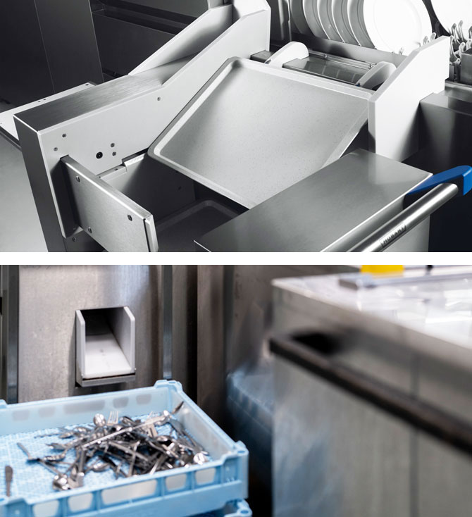 Close-up of the FLOW Line featuring automated tray discharge via stainless steel chute and integrated station for cutlery output, ensuring efficient and hygienic processes in professional warewashing systems.