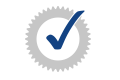 Icon showing a check mark inside a gear‑shaped badge, symbolizing reliability, consistent performance and dependable quality across all operating conditions.