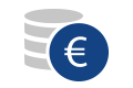 Icon showing stacked coins with a euro symbol to represent high economic efficiency, illustrating cost savings and optimized resource usage.