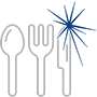 Icon showing spoon, fork and knife with a sparkle effect symbolizing clean and shiny dishware.