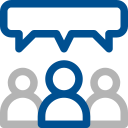 Icon showing three people with a speech bubble above them, symbolizing references, customer feedback and shared experiences