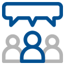 Icon showing three people with a speech bubble above them, symbolizing references, customer feedback and shared experiences