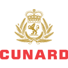 Cunard logo with a gold crown and laurel emblem above the red word Cunard.