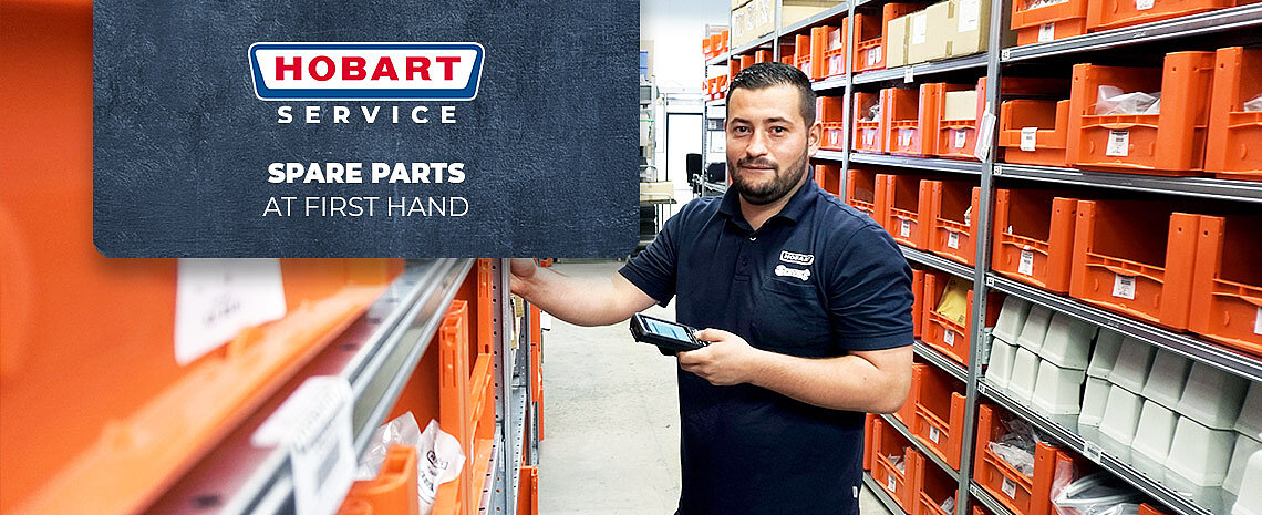 HOBART Service spare parts warehouse with organized bins and direct access to original components for professional dishwashing equipment, ensuring fast delivery and reliable support.