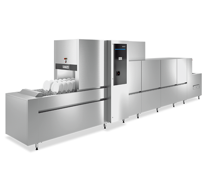 HOBART stainless steel dishwashing line with dish racks on a conveyor belt