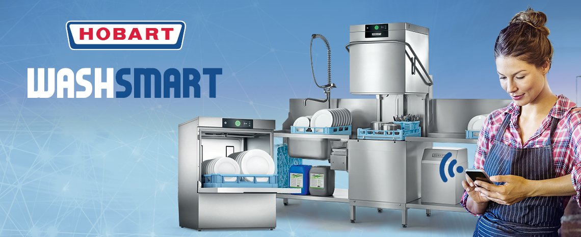 A set of professional HOBART dishwashing machines including undercounter and hood‑type models, shown with full racks of dishes, next to the WASHSMART branding and a person using a smartphone.