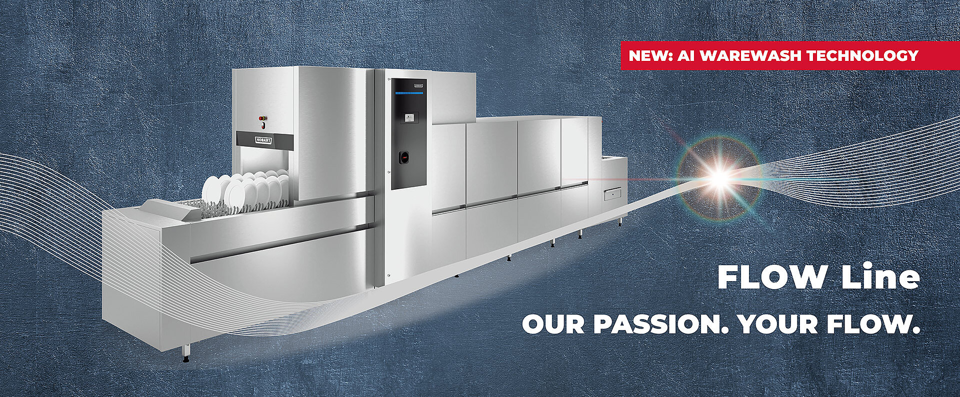 A stainless steel HOBART FLOW Line dishwashing system with multiple connected modules and a plate‑loading section, shown on a textured dark background with the text “NEW: AI warewash technology” and the slogan “Our passion. Your flow.”