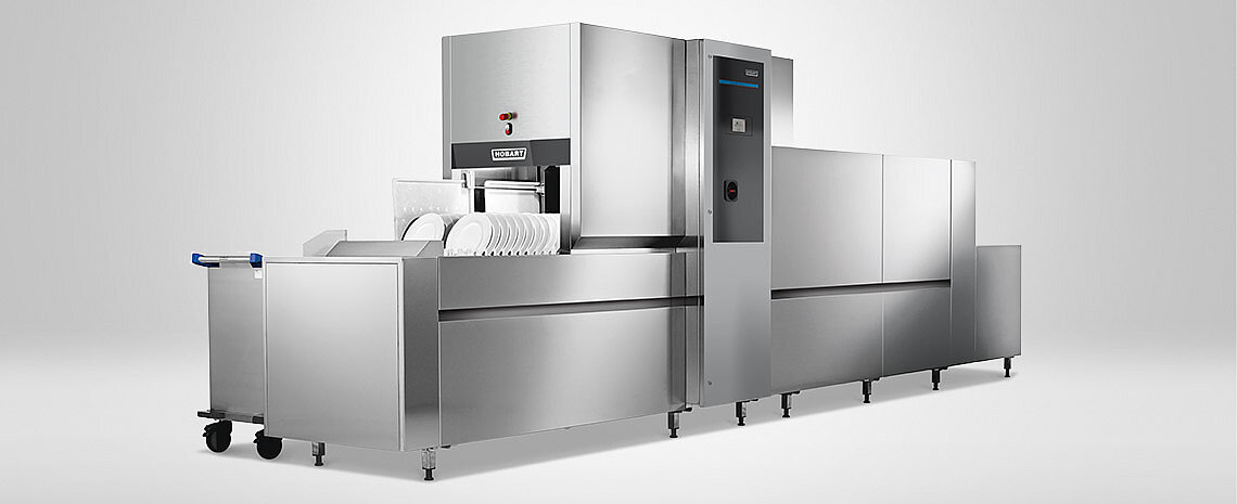 Large HOBART conveyor dishwasher system with dishes