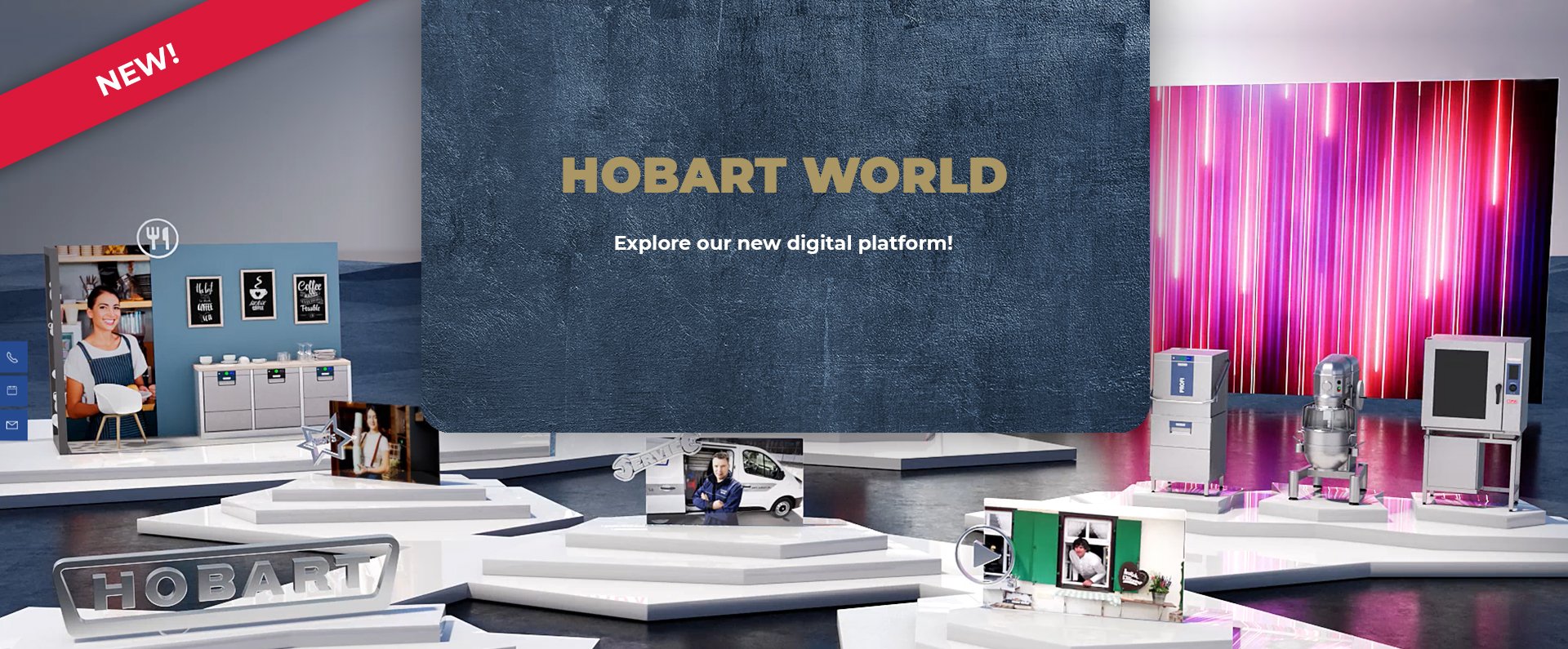 A digital presentation of the HOBART WORLD platform shows various HOBART machines and displays arranged on white podiums with a large central screen reading HOBART WORLD and Explore our new digital platform, along with a red NEW banner.